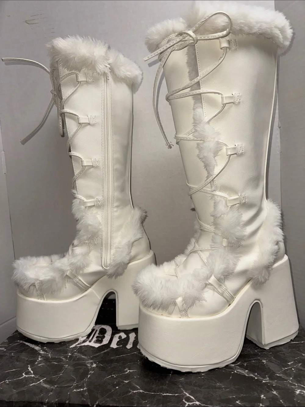 Demonia White Faux-Fur Lace-Up Platform Knee-High Boots with box